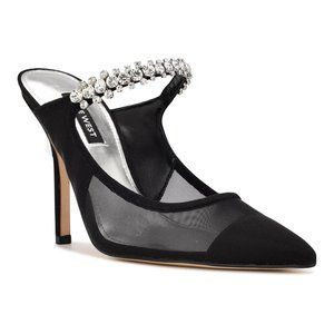 NWOB!! NINE WEST Black Mesh Rhinestone Strap High Heel Mule Sz 9.5M